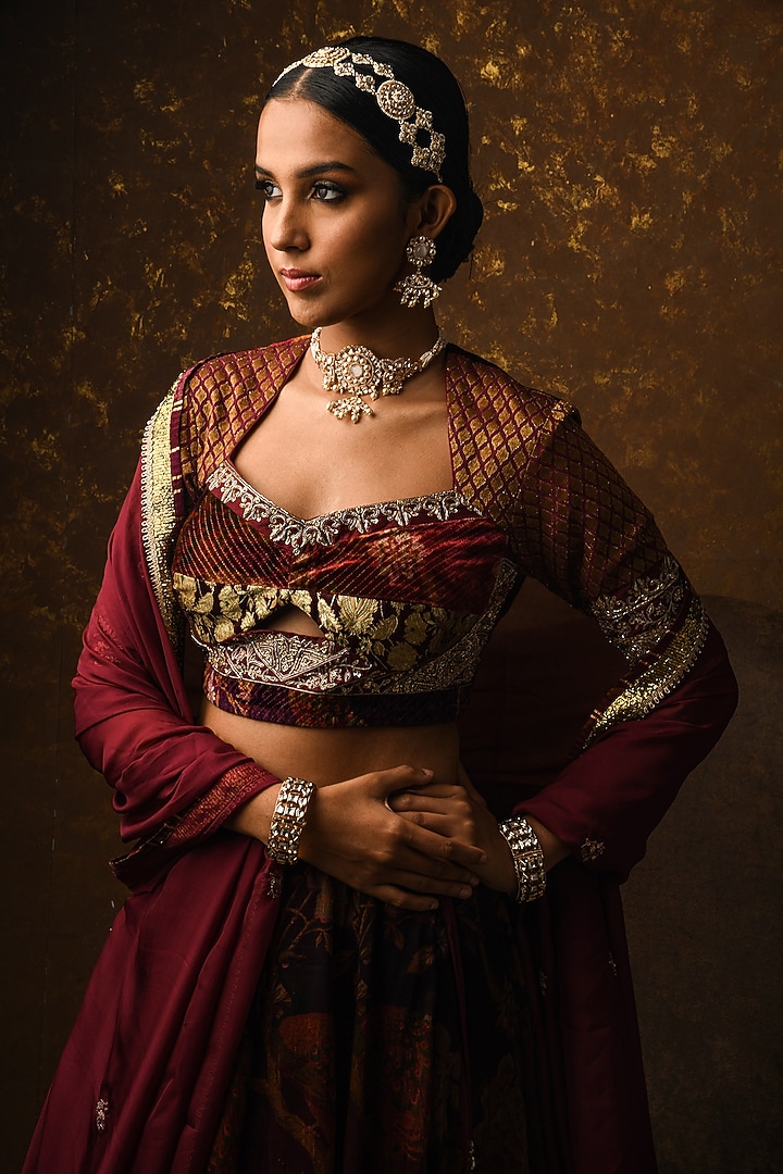 Maroon Embroidered Wedding Lehenga Set by Q by Sonia Baderia at Pernia's Pop Up Shop