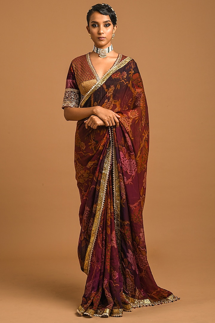 Maroon Embroidered & Printed Saree Set by Q by Sonia Baderia