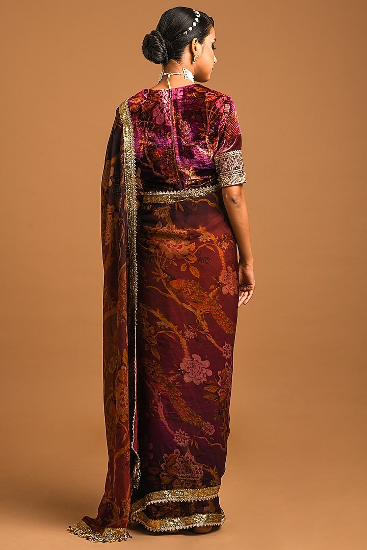 Maroon Embroidered & Printed Party Wear Saree Set by Q by Sonia Baderia at Pernia's Pop Up Shop