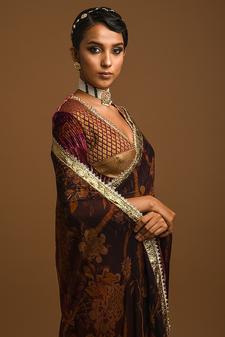 Maroon Embroidered & Printed Party Wear Saree Set by Q by Sonia Baderia at Pernia's Pop Up Shop