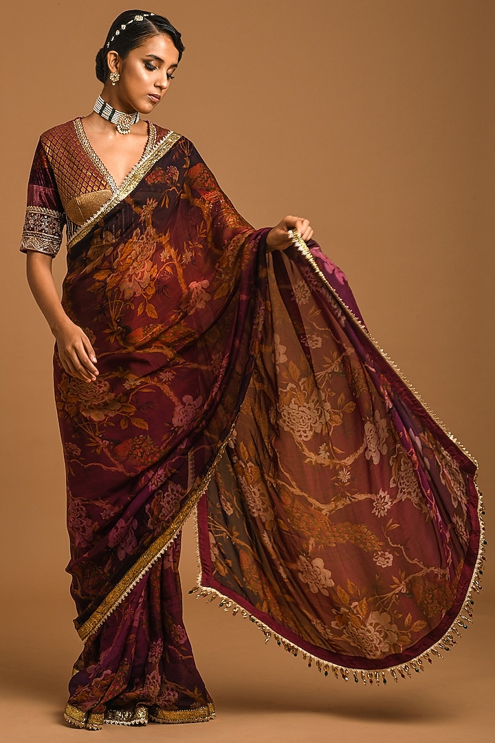 Maroon Embroidered & Printed Party Wear Saree Set by Q by Sonia Baderia at Pernia's Pop Up Shop