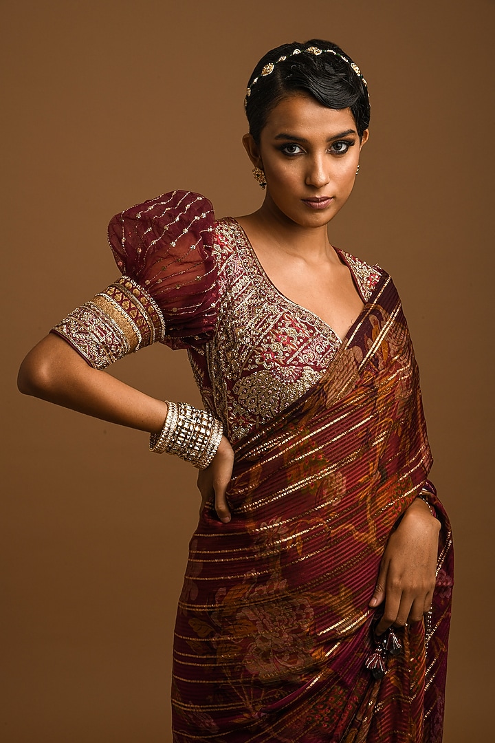 Maroon Printed Wedding Saree Set by Q by Sonia Baderia at Pernia's Pop Up Shop