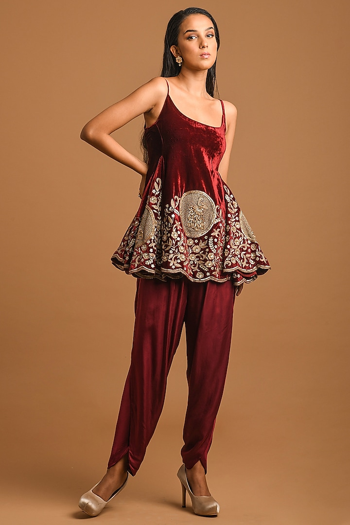 Maroon Dhoti Set In Satin by Q by Sonia Baderia