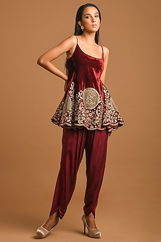 Maroon Dhoti Set In Satin by Q by Sonia Baderia