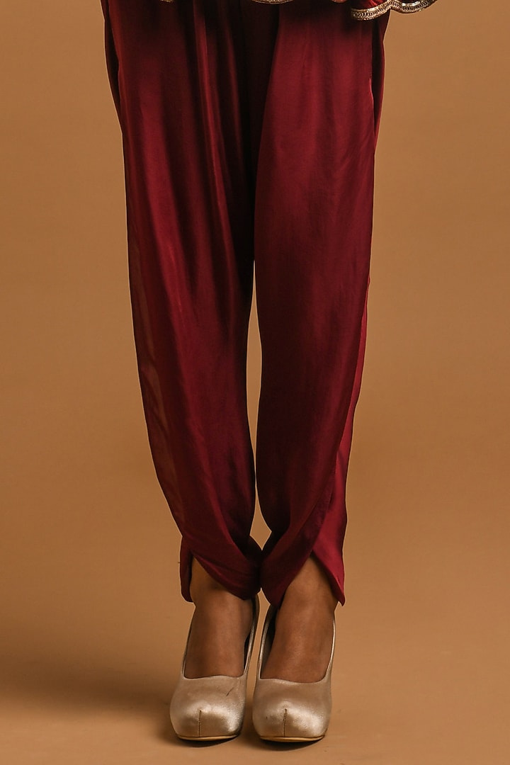 Maroon Dhoti Set In Satin by Q by Sonia Baderia at Pernia's Pop Up Shop