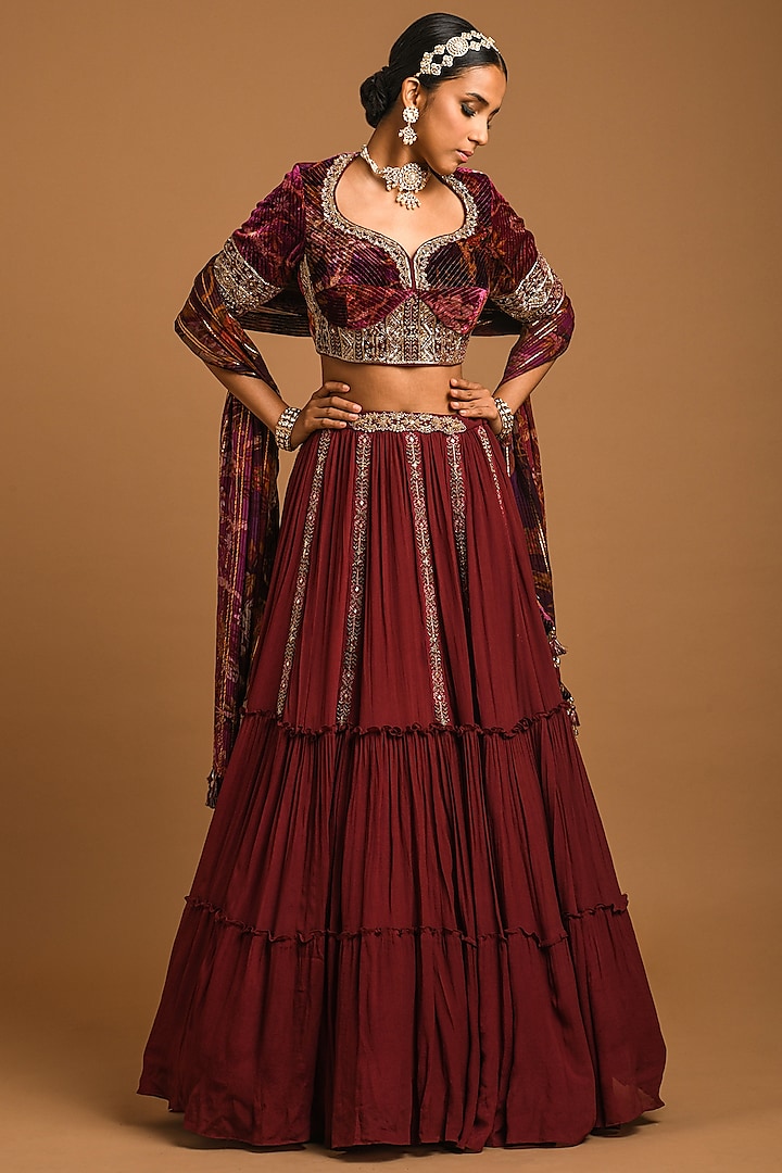 Maroon Crepe Embroidered Lehenga Set by Q by Sonia Baderia