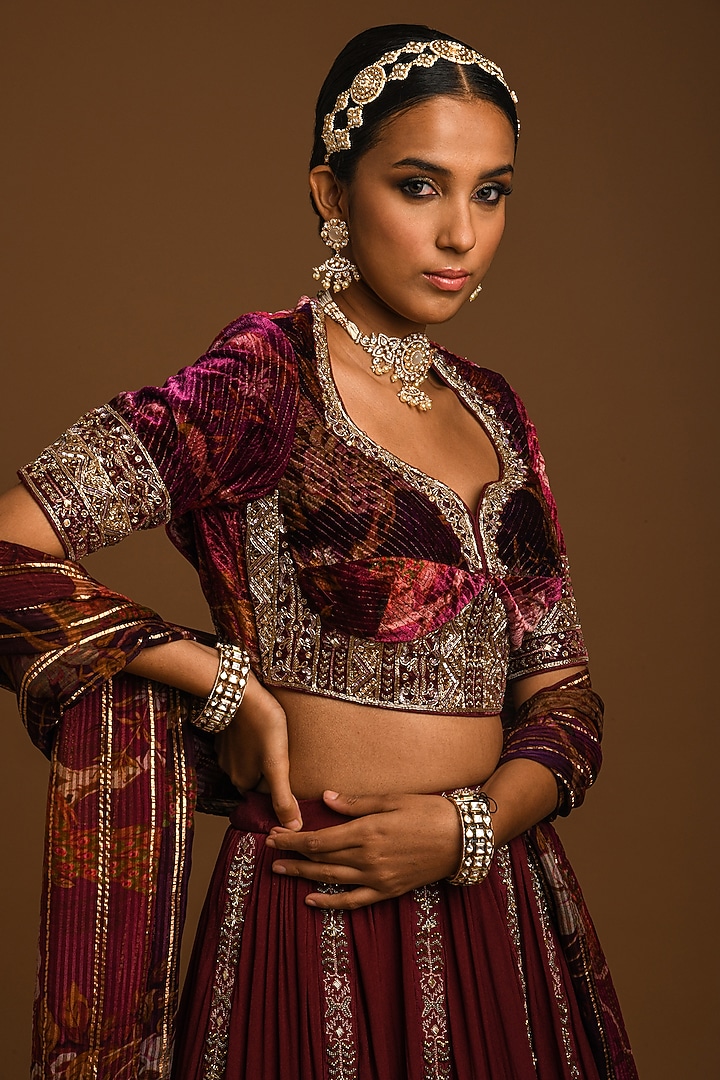Maroon Crepe Embroidered Wedding Lehenga Set by Q by Sonia Baderia at Pernia's Pop Up Shop