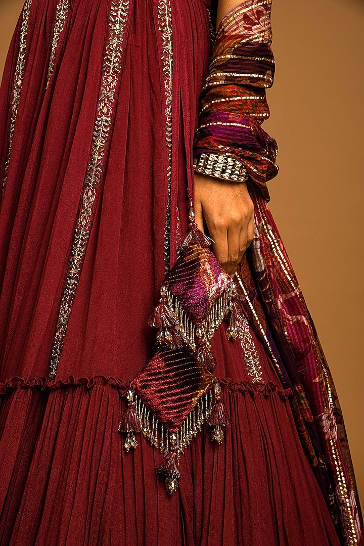 Maroon Crepe Embroidered Wedding Lehenga Set by Q by Sonia Baderia at Pernia's Pop Up Shop