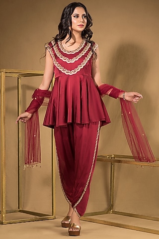 Maroon Liva Satin Pant Set by Q by Sonia Baderia