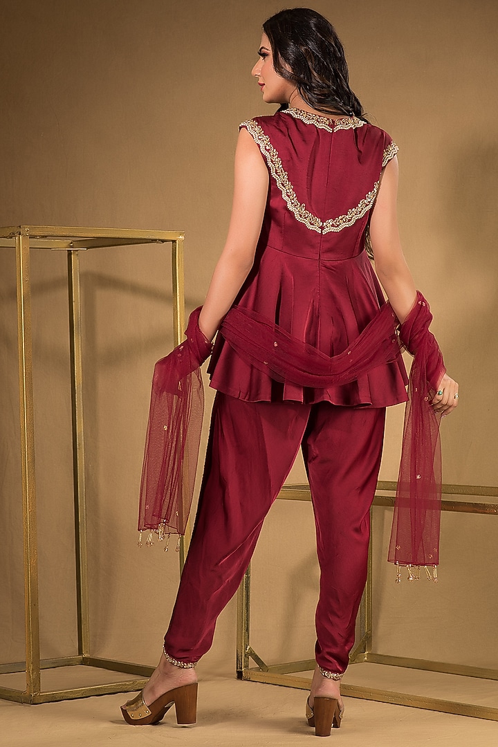 Maroon Liva Satin Pant Set by Q by Sonia Baderia at Pernia's Pop Up Shop