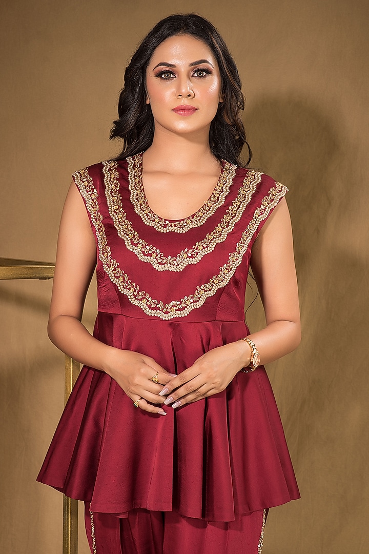 Maroon Liva Satin Pant Set by Q by Sonia Baderia at Pernia's Pop Up Shop