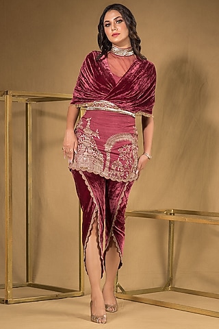 Maroon Silk Velvet Pant Set by Q by Sonia Baderia