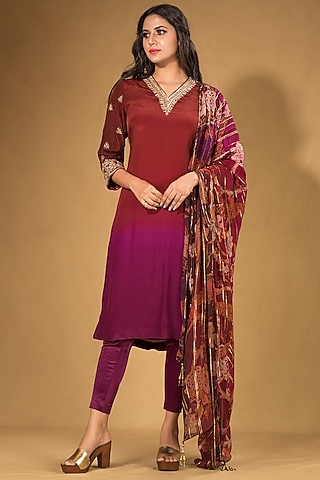 Maroon Crepe Kurta Set by Q by Sonia Baderia
