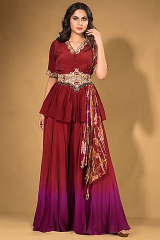 Maroon Crepe Sharara Set by Q by Sonia Baderia