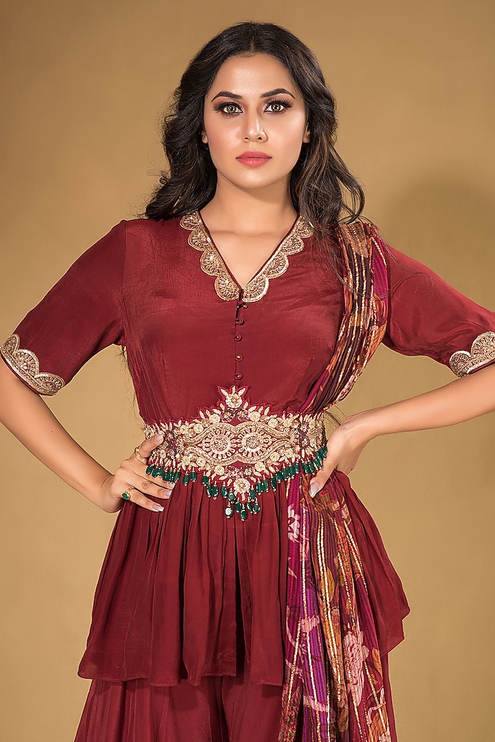 Maroon Crepe Party Wear Sharara Set by Q by Sonia Baderia at Pernia's Pop Up Shop