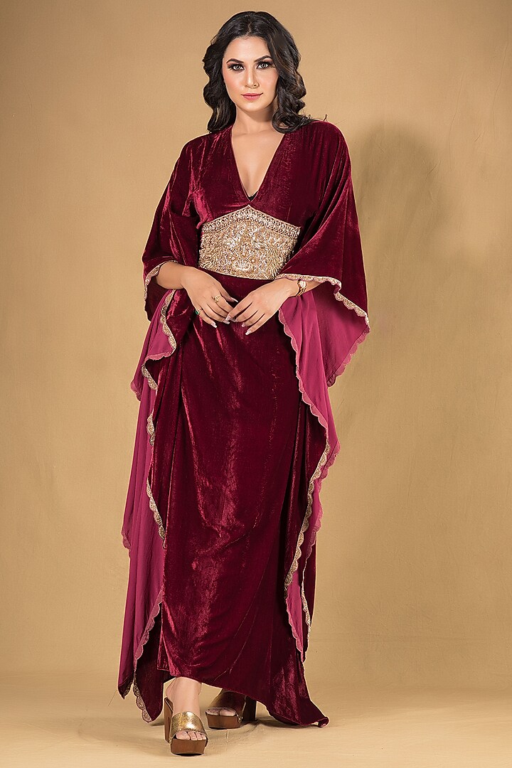Maroon Silk Velvet Embroidered Kaftan by Q by Sonia Baderia