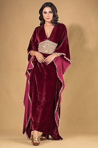Maroon Silk Velvet Embroidered Kaftan by Q by Sonia Baderia