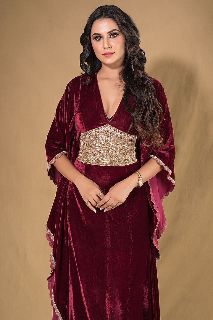 Maroon Silk Velvet Embroidered Kaftan by Q by Sonia Baderia at Pernia's Pop Up Shop