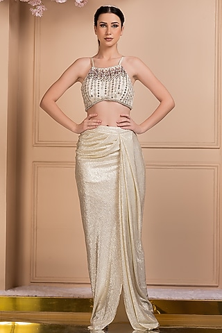 Ecru Foil Lycra Draped Skirt Set by Q by Sonia Baderia