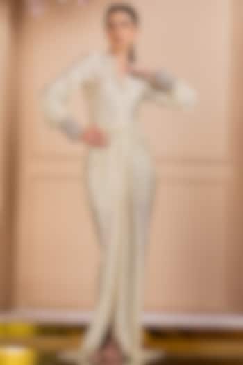 Ecru Foil Lycra Mirror Embroidered Party Wear Gown by Q by Sonia Baderia at Pernia's Pop Up Shop