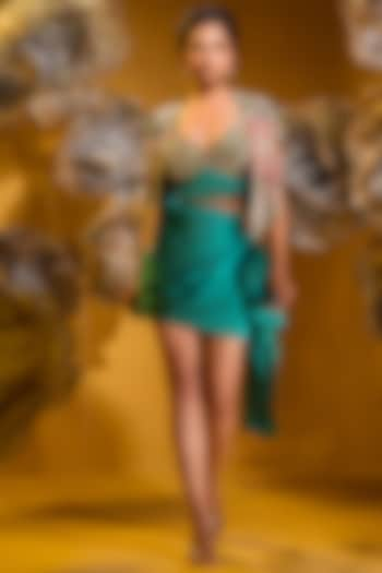 Green Satin Mini Draped Skirt Set by Q by Sonia Baderia at Pernia's Pop Up Shop