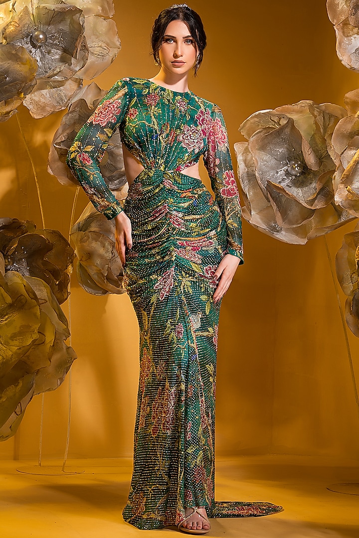 Green Chiffon Printed Gown by Q by Sonia Baderia at Pernia's Pop Up Shop