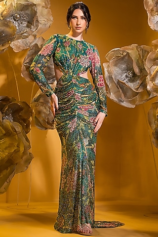 Green Chiffon Printed Gown by Q by Sonia Baderia
