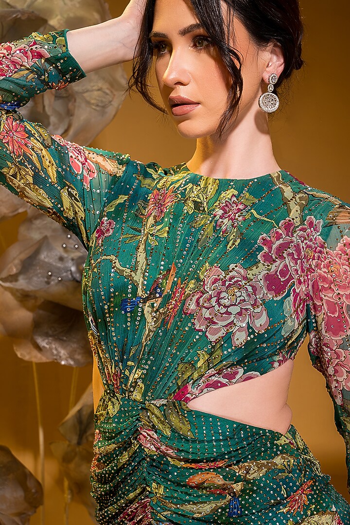 Green Chiffon Printed Engagement Gown by Q by Sonia Baderia at Pernia's Pop Up Shop