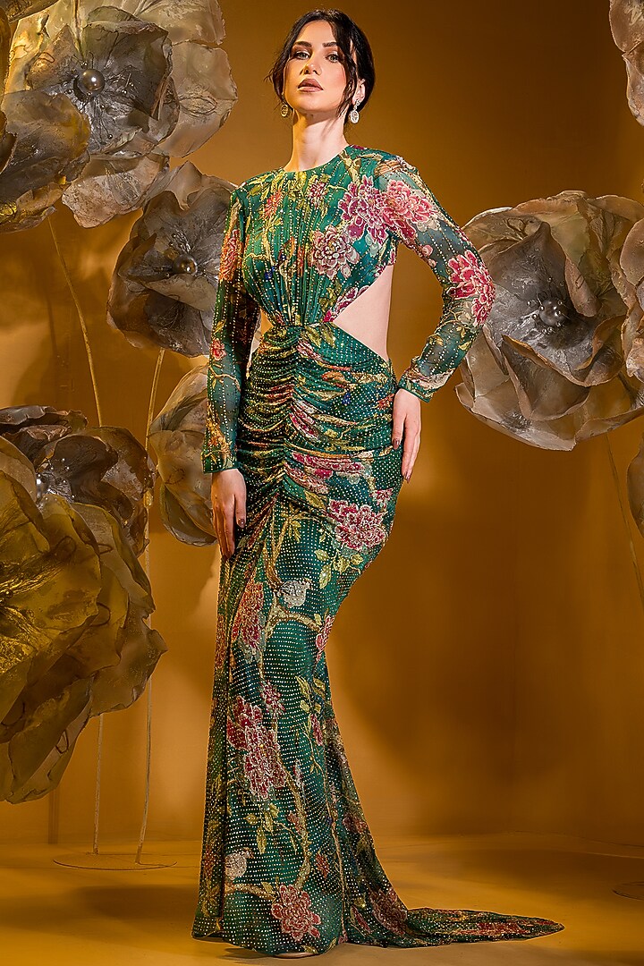 Green Chiffon Printed Engagement Gown by Q by Sonia Baderia at Pernia's Pop Up Shop