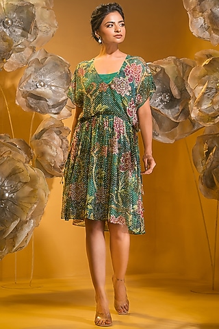 Green Chiffon Printed Boho Dress by Q by Sonia Baderia