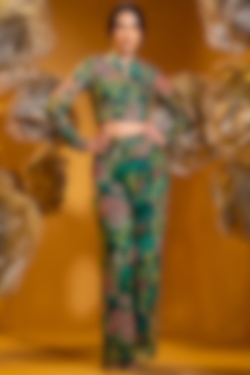 Green Chiffon Printed Flared Pant Set by Q by Sonia Baderia at Pernia's Pop Up Shop