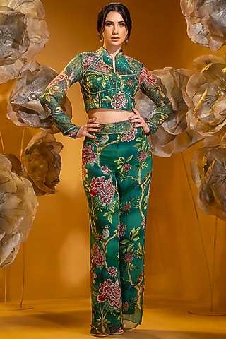 Green Chiffon Printed Flared Pant Set by Q by Sonia Baderia