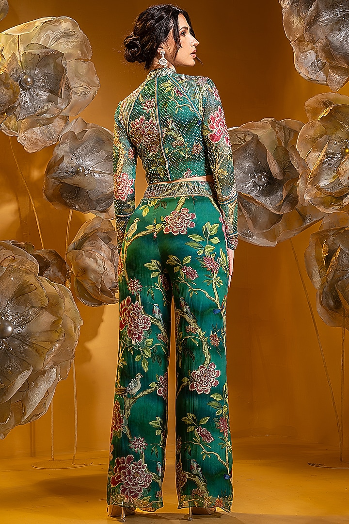 Green Chiffon Printed Flared Pant Set by Q by Sonia Baderia at Pernia's Pop Up Shop