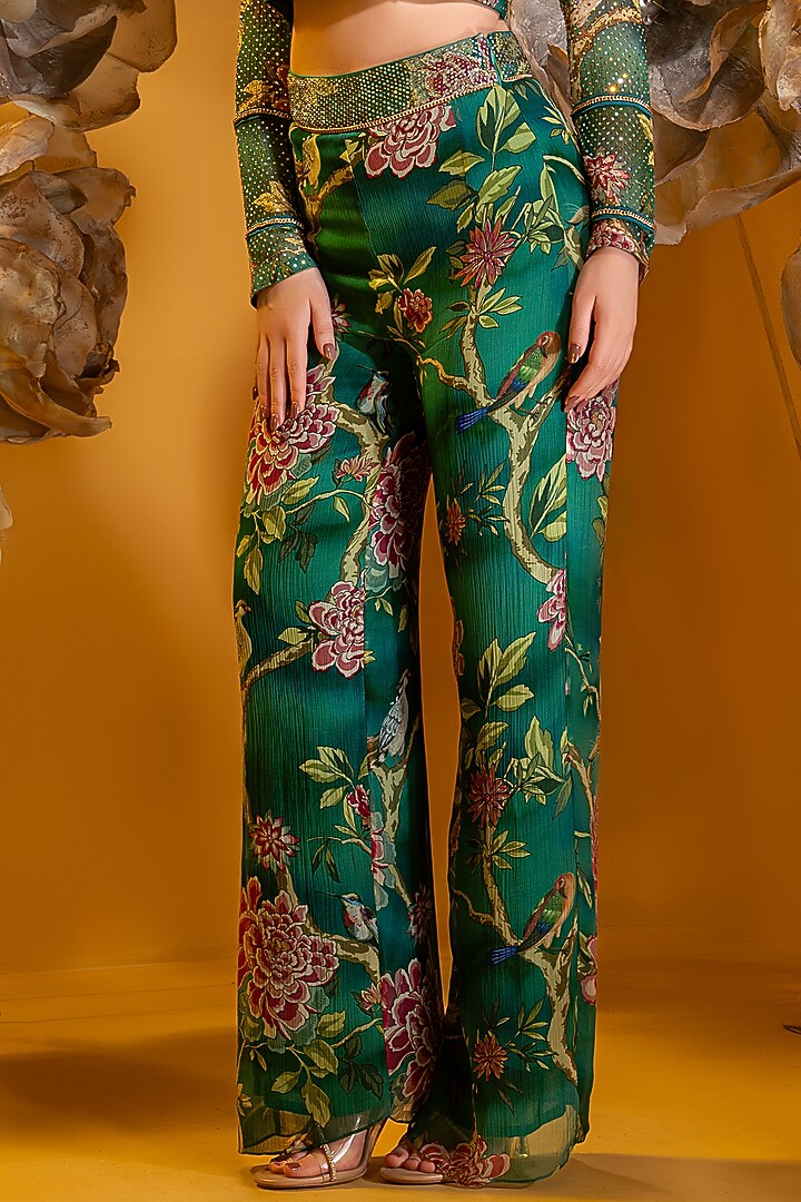 Green Chiffon Printed Flared Pant Set by Q by Sonia Baderia at Pernia's Pop Up Shop