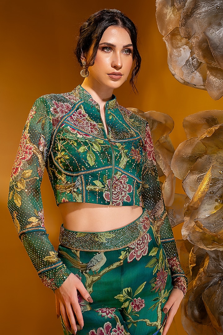 Green Chiffon Printed Flared Pant Set by Q by Sonia Baderia at Pernia's Pop Up Shop