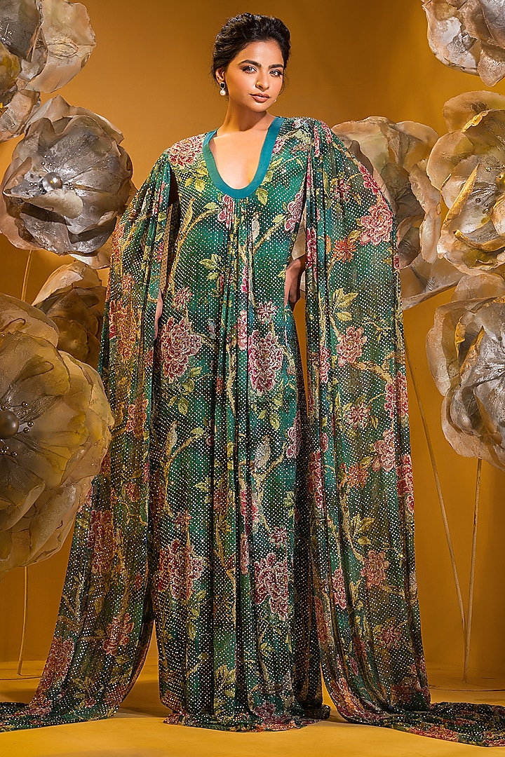 Green Chiffon Printed Gown by Q by Sonia Baderia at Pernia's Pop Up Shop