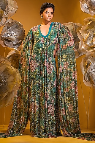 Green Chiffon Printed Gown by Q by Sonia Baderia