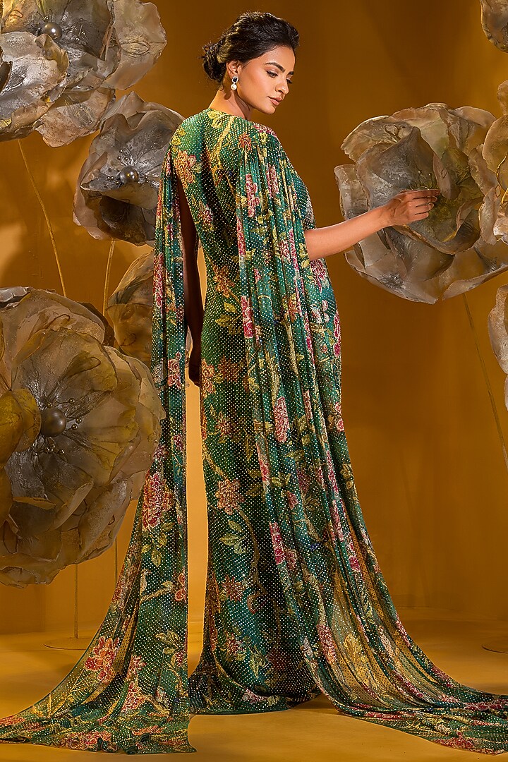Green Chiffon Printed Engagement Gown by Q by Sonia Baderia at Pernia's Pop Up Shop