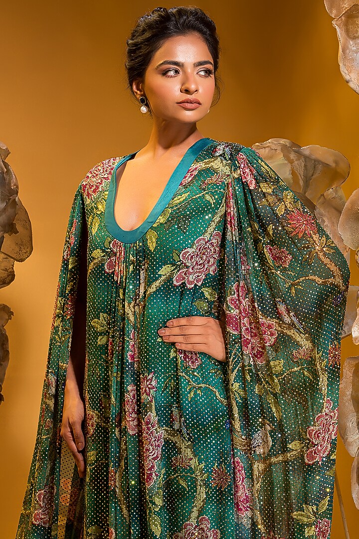 Green Chiffon Printed Engagement Gown by Q by Sonia Baderia at Pernia's Pop Up Shop