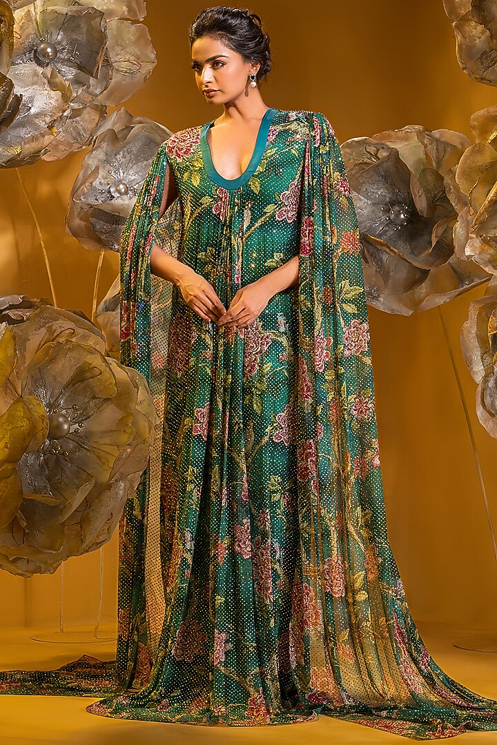 Green Chiffon Printed Engagement Gown by Q by Sonia Baderia at Pernia's Pop Up Shop