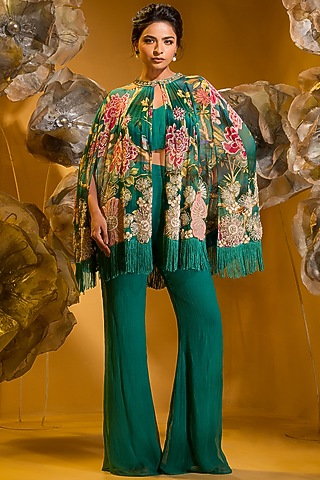 Green Chiffon Printed & Hand Embroidered Cape Set by Q by Sonia Baderia