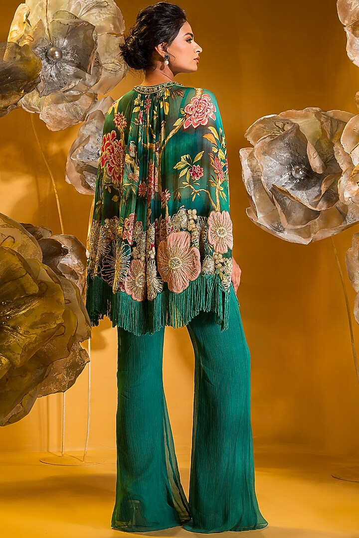Green Chiffon Printed & Hand Embroidered Cape Set by Q by Sonia Baderia at Pernia's Pop Up Shop