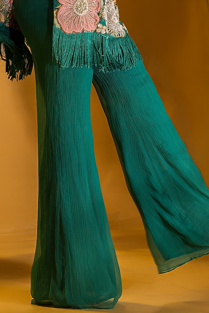 Green Chiffon Printed & Hand Embroidered Cape Set by Q by Sonia Baderia at Pernia's Pop Up Shop