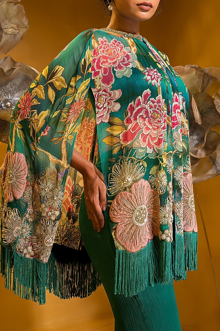 Green Chiffon Printed & Hand Embroidered Cape Set by Q by Sonia Baderia at Pernia's Pop Up Shop