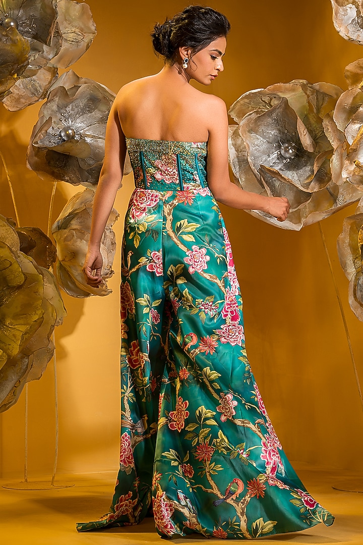 Green Taffeta Printed Corset Jumpsuit by Q by Sonia Baderia at Pernia's Pop Up Shop