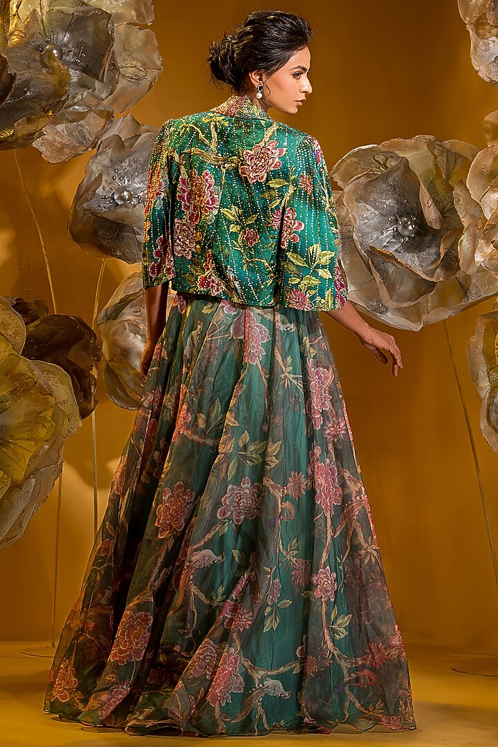 Green Organza Printed Skirt Set by Q by Sonia Baderia at Pernia's Pop Up Shop