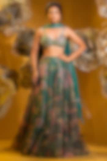 Green Organza Printed Wedding Lehenga Set by Q by Sonia Baderia at Pernia's Pop Up Shop