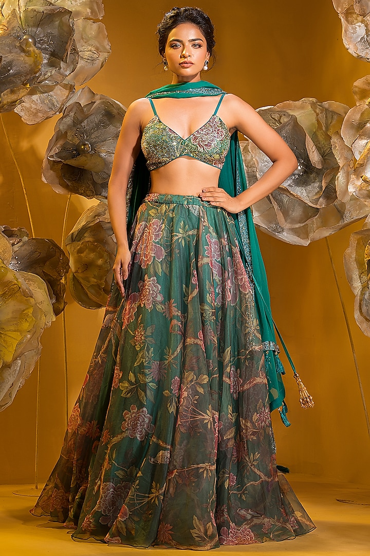 Green Organza Printed Wedding Lehenga Set by Q by Sonia Baderia at Pernia's Pop Up Shop