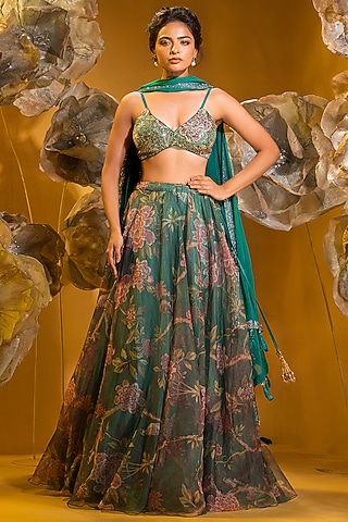 Green Organza Printed Lehenga Set by Q by Sonia Baderia