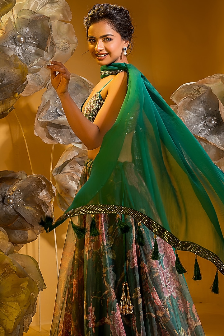 Green Organza Printed Wedding Lehenga Set by Q by Sonia Baderia at Pernia's Pop Up Shop